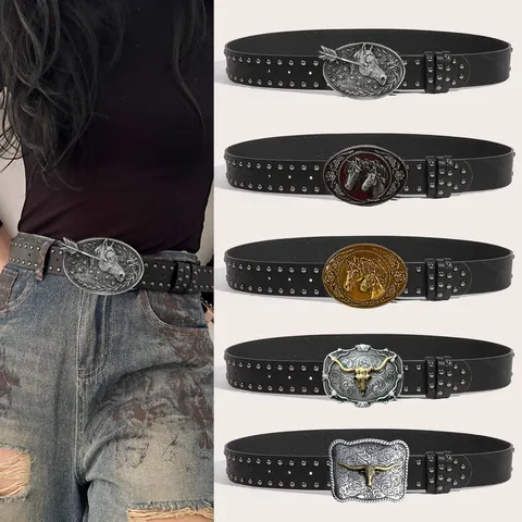 Vintage Punk Waist Belt For Men Women Retro Animal Buckle PU Leather Strap Metal Studs Fashion Waistband Jeans Dress