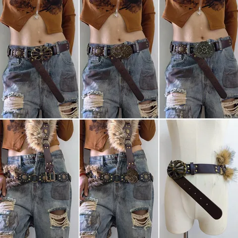Women Vintage Y2K Faux Fur PU Leather Wide Waist Belt Retro Metal Cross Hollow Out Corset Belt Gothic Punk Waistband