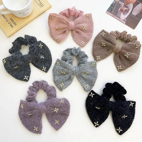 Chouchou en Tricot Peluche d'Hiver Avec Nœud Décoration Étoile en Métal Strass Doux Grand Chouchou Porte-Queue de Cheval Accessoires Cheveux Femmes