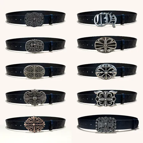 Style Cowboy Occidental Boucle Croix Classique Ceinture en Cuir PU Gaufrée Homme Femme Casual Vintage Gothique Ceinture de Taille