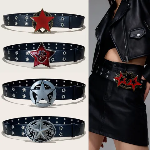 Punk Y2K Women Black PU Leather Belt Metal Pentagram Buckle Rivet Waist Belt Streetwear Jeans Pants Accessories