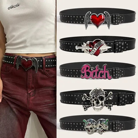 Women's Punk Y2K Heart Wings Rivet PU Leather Belt Hip Hop Streetwear Waist Belt