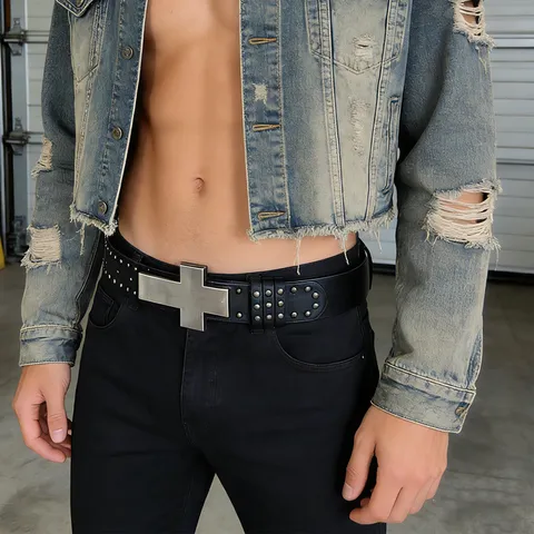 Punk Rock Unisex PU Leather Belt With Metal Cross Studs Hip Hop Alternative Style Waist Belt For Men Women Fashion Jeans Accessories