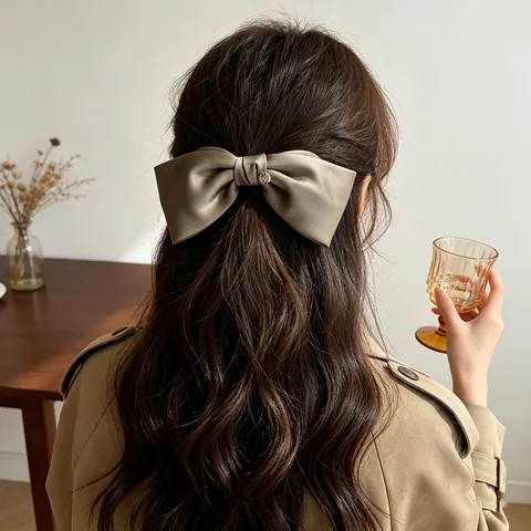 Elegant Large 3D Satin Bow Hair Clip With Heart Pendant For Women Half-Up Styling Spring Clip French Style Hairpin Accessory