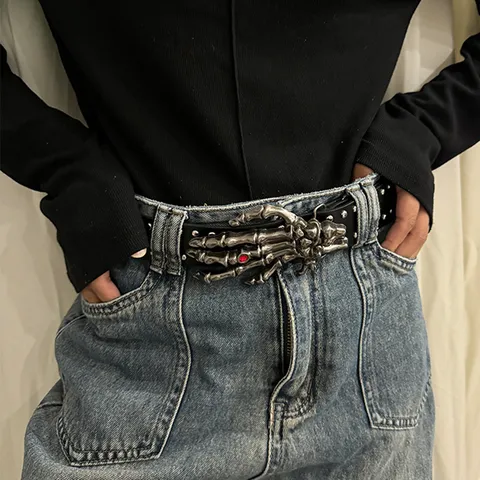 Gothic Punk Rivet PU Leather Belt Unisex Rock Skull Hand Buckle Waist Belt Fashion Casual Waistband For Men Women