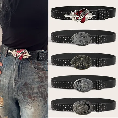 Punk Style Women PU Leather Metal Rivet Heart Dagger Buckle Fashion Waist Belt
