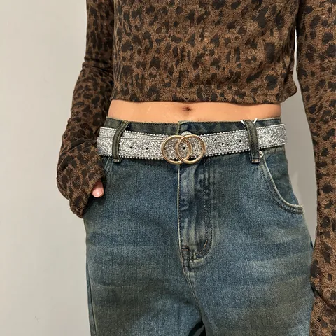 Women Fashion PU Leather Belt Gold Metal Ring Buckle Sequin Black Silver Waist Belt Casual Jeans Dress Belt