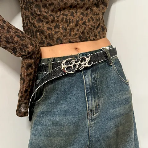 Y2K Cyberpunk Style Hollow Silver Buckle Belt Women Niche High-End Sequin Beaded Waist Belt Fashion Accessories