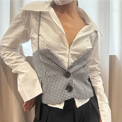 Dames Koreaanse Stijl Hondentand Vetersluiting Bovenkleding Vest Mouwloos Top Veelzijdig Casual Mode Kleding