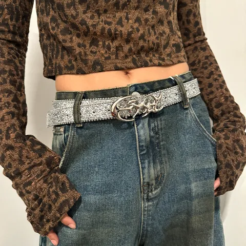 Y2K Cyberpunk Style Hollow Silver Buckle Belt Women Niche High-End Sequin Beaded Waist Belt Fashion Accessories