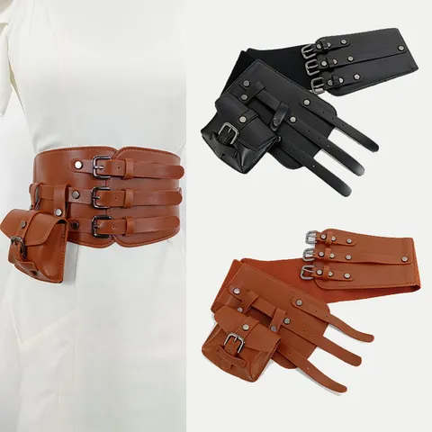 Cintura de Corsé Ancha de PU para Mujer Banda de Cintura de Moda Con Colgante de Bolsita y Hebilla de Alfiler de 3 Filas