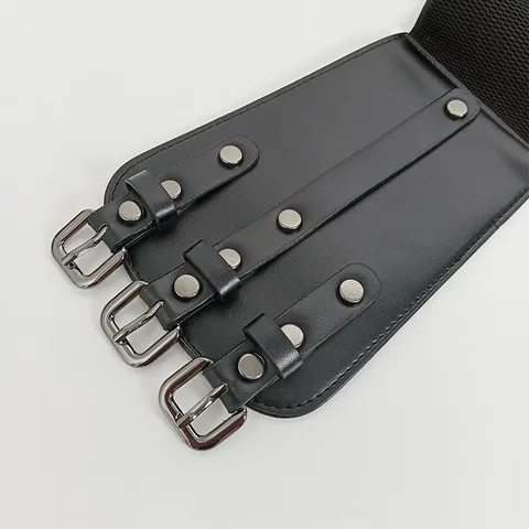 Cintura de Corsé Ancha de PU para Mujer Banda de Cintura de Moda Con Colgante de Bolsita y Hebilla de Alfiler de 3 Filas