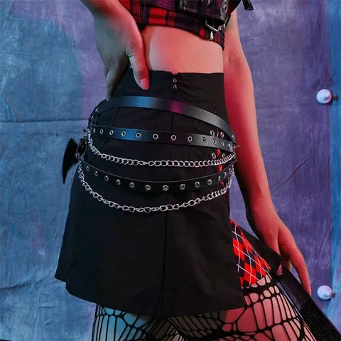 Cintura Imbracatura in Pelle PU Punk Gotico Con Catene di Metallo e Rivetti per Donna Cintura da Vita Regolabile alla Moda