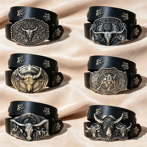 Western Cowboy PU Leather Belt Vintage Metal Wild Horse Buckle Floral Rivet Casual Jeans Pants Belt For Women Men