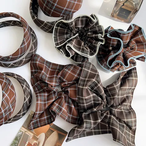 Retro Plaid Polyester Headband Wide Padded Plaid Scrunchie Hair Clips Set Bow Knot Hair Accessories For Women Autumn Winter