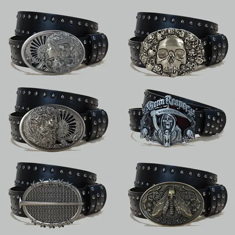 American Retro Unisex PU Leather Belt Gothic Punk Metal Studded Embossed Buckle Waist Belt For Jeans Skirt