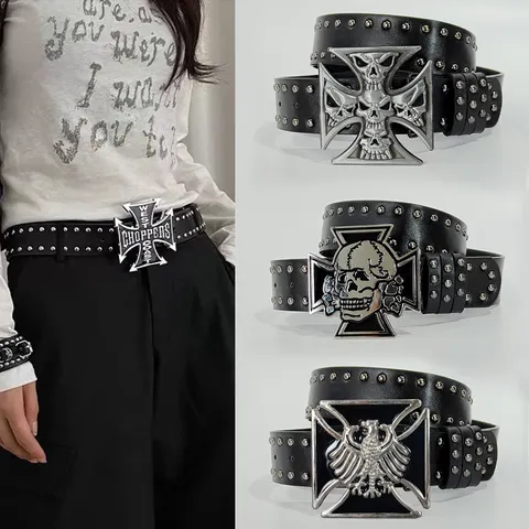 Punk Style PU Leather Belt With Metal Cross Alloy Buckle Double Row Rivets Casual Rock Waist Belt For Jeans
