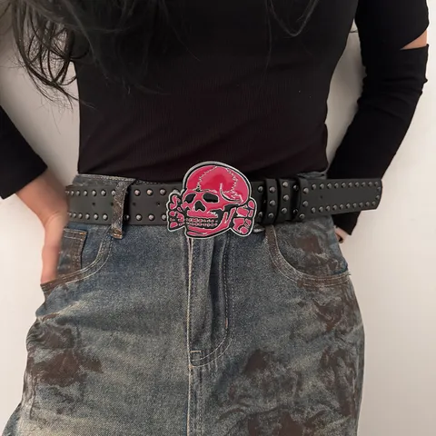 Women Gothic Y2K Punk Rivet PU Leather Belt Vintage Skull Metal Buckle Streetwear Casual Dress Pants Waist Belt