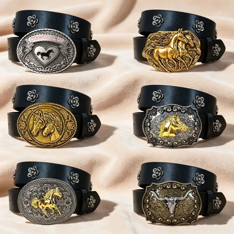 Unisex Western Cowboy PU Leather Belt With Large Oval Mustang Buckle Flower Heart Rivets Vintage Gothic Waist Belt For Jeans Skirts