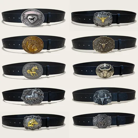 Unisex Vintage Western Cowboy Style PU Leather Belt With Metal Bull Horse Head Buckle Embossed Floral Fashion Waist Belt