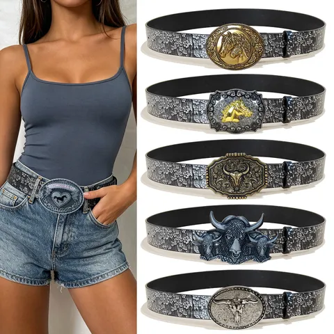 Retro Ethnic Style Cow Horse Metal Big Buckle Embossed PU Leather Belt