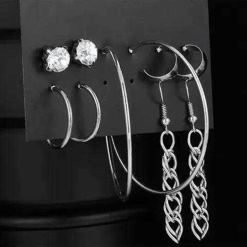 Vintage Alloy Rhinestone Earring Set For Women Retro Tassel Chain Hoop Stud Earrings Multi-Pair Fashion Jewelry Accessory