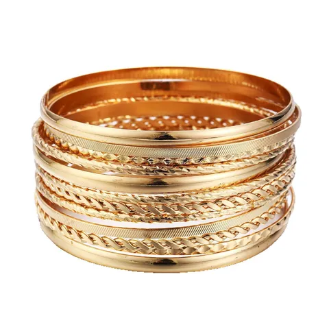 Exaggerated Stacked Wide Bangle Bracelet Set For Women Gold Silver Plated Indian Style Multi Circle Fashion Alloy Smooth Textured Bangle Jewelry