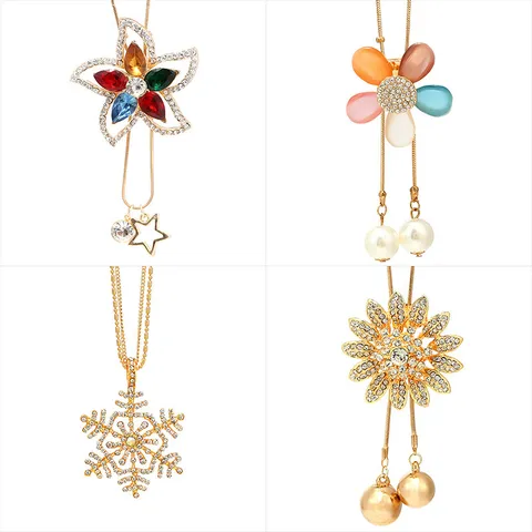 Elegant Alloy Rhinestone Flower Snowflake Pendant Necklace Women Cat's Eye Stone Artificial Pearl Long Sweater Chain Jewelry