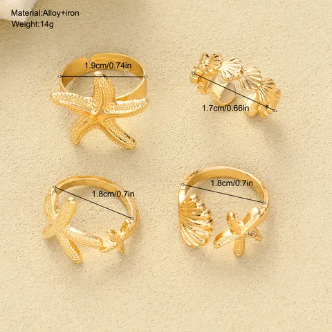 Ozean Stil Seestern Muschel Gold Legierung Verstellbar Offen Ring Set Für Damen Modisch Marine Schmuck Geschenk Set