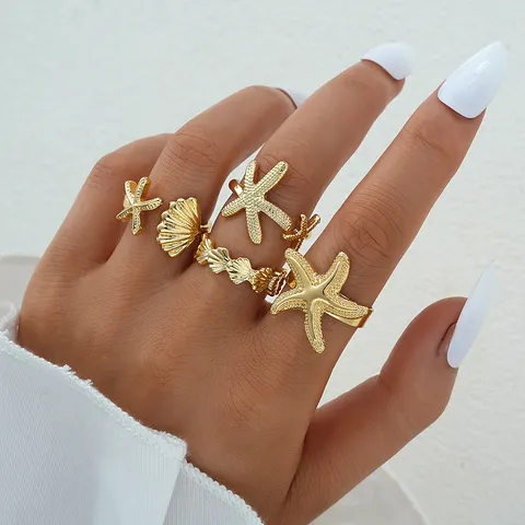 Ozean Stil Seestern Muschel Gold Legierung Verstellbar Offen Ring Set Für Damen Modisch Marine Schmuck Geschenk Set