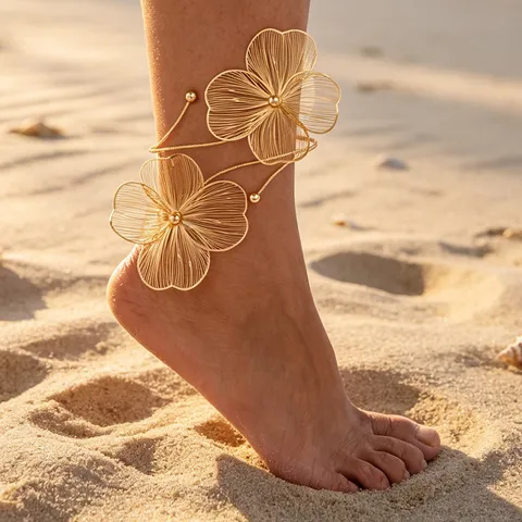 Hollow Floral Anklet For Women Gold Color Stereoscopic Metal Flower Ankle Bracelet Bohemian Beach Fashion Jewelry Gift