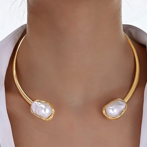Collar Gargantilla Abierto de Perlas Artificiales Barrocas para Mujer Minimalista de Aleación Dorada Anillo de Cuello Joyería