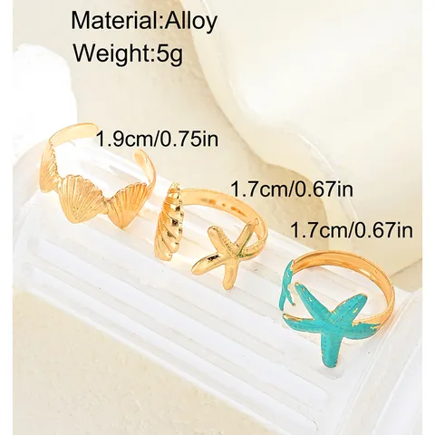 Vintage Vergoldete Legierung Seestern Jakobsmuschel Offene Ringe Verstellbar Sommer Strand Urlaub Schmuck Für Damen