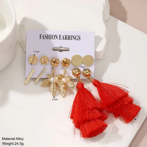 Bohemian Earring Collection For Women Red Tassel Leaf Dangle Earrings Artificial Pearl Gold Alloy Jewelry Studs Assortment