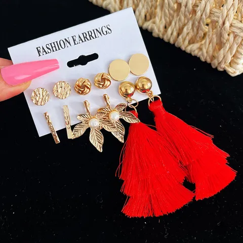 Bohemian Earring Collection For Women Red Tassel Leaf Dangle Earrings Artificial Pearl Gold Alloy Jewelry Studs Assortment