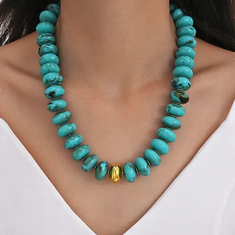 Handmade Acrylic Beaded Necklace For Women Turquoise Marble Texture Statement Choker With Gold Bead Bohemian Jewelry