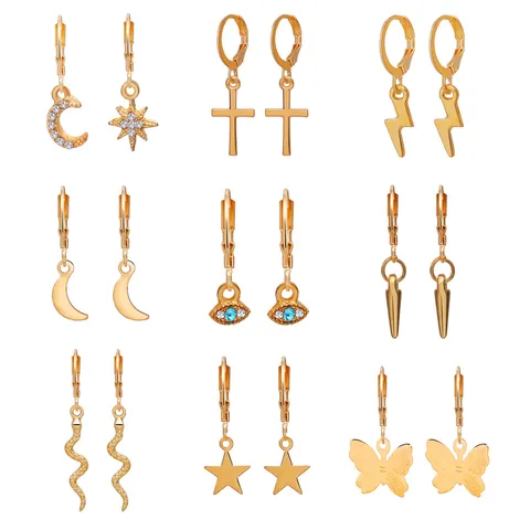 Western Fashion Zinc Alloy Earring Set Rhinestone Evil Eye Cross Lightning Snake Butterfly Star Moon Hoop Earrings For Women Jewelry