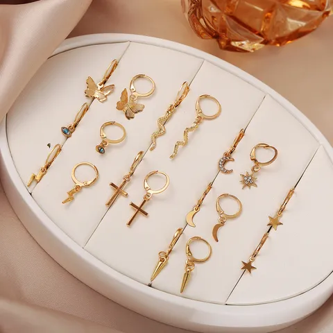 Western Fashion Zinc Alloy Earring Set Rhinestone Evil Eye Cross Lightning Snake Butterfly Star Moon Hoop Earrings For Women Jewelry