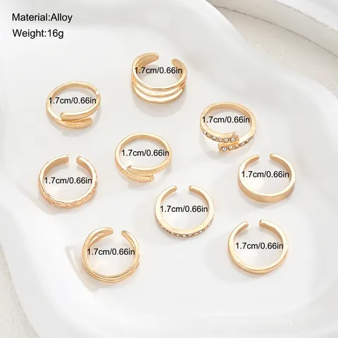Alloy Rhinestone Open Toe Rings For Women Gold Plated Geometric Leaf Wave Beach Stackable Foot Jewelry Set