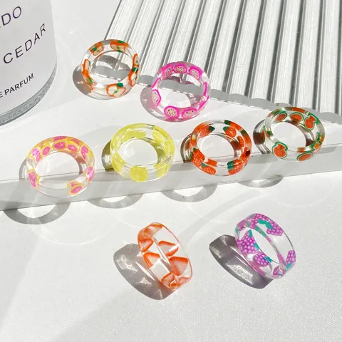 Transparente Frucht Harz Ringe Für Damen Sommer Personalisierte Erdbeere Zitrone Kiwi Scheibe Acryl Offene Fingerringe Kreativer Modeschmuck
