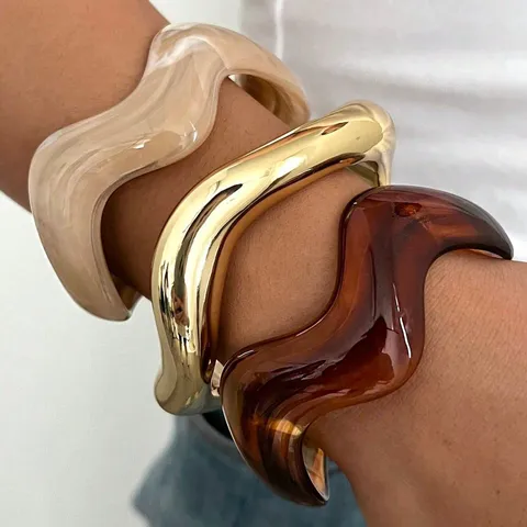 Conjunto de Brazaletes de Onda Geométrica Irregular para Mujer Brazalete de Resina Acrílica Chapado en Oro CCB Patrón de Mármol Joyería de Moda