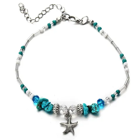 Bohemian Vintage Starfish Pendant Anklet Alloy Turquoise Glass Seed Bead Layered Foot Chain Adjustable Beach Vacation Jewelry For Men Women