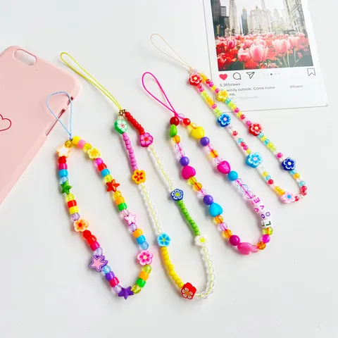 Handmade Colorful Polymer Clay Beaded Phone Lanyard Ethnic Style Fruit Flower Heart Star Beads Phone Chain Wrist Strap For Women