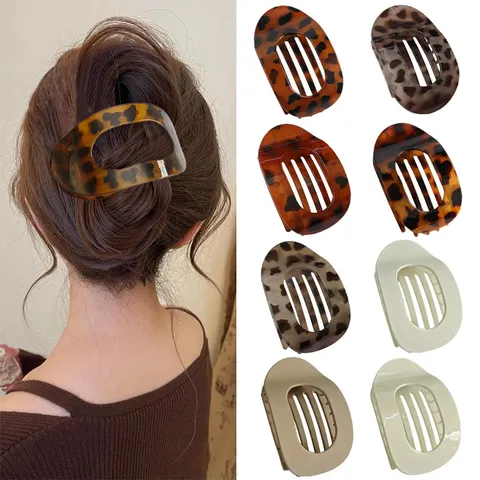 French Style Plastic Resin Hair Claw Clip Leopard Print Flat Duckbill Oval Hairpin Fashion Vintage Hair Accessories For Women Updo