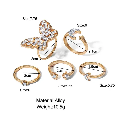 Anelli Impilabili Vintage Color Oro in Lega Con Farfalla Stella Luna Con Strass Perla Artificiale per Donna Gioielli Boho da Dito Collezione di Anelli