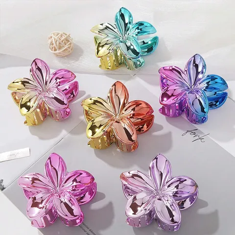 Metallic Plumeria Hair Claw Clip Hawaiian Flower Shark Clip For Women Elegant Vacation Electroplated Floral Hair Accessories