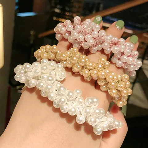 Women Artificial Pearl Elastic Hair Tie Braided Beaded Hair Band Rope Elegant Headwear For Daily Party Accessories