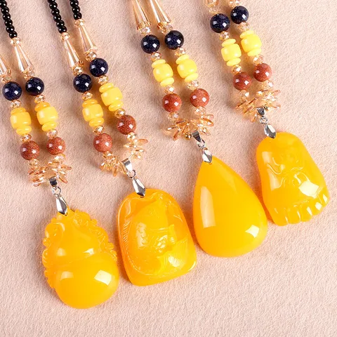 Handmade Vintage Ethnic Style Imitation Beeswax Long Sweater Chain Resin Alloy Artificial Crystal Pendant Necklace For Women
