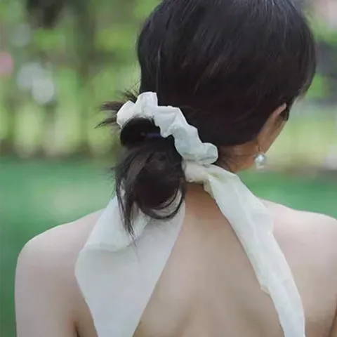 Chouchou Élégant en Mousseline de Soie avec Long Ruban Style Fée Mori Accessoire Cheveux Queue de Cheval Été pour Femmes