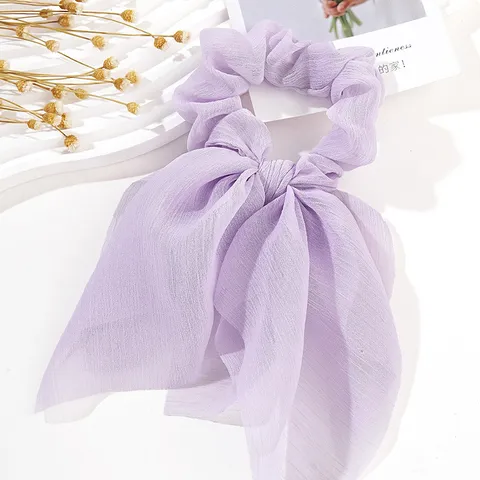 Chouchou Élégant en Mousseline de Soie avec Long Ruban Style Fée Mori Accessoire Cheveux Queue de Cheval Été pour Femmes